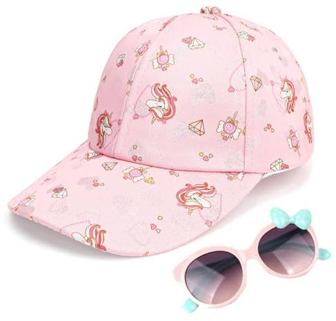 Jupsk Girls Baseball Cap and Sunglasses Set, Baby Unicorn Sun Hat Summer Bucket Hat Trucker Cap for Kids Children 3-8 Years (Pink)