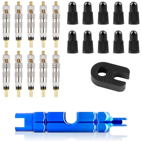 22 Stück Fahrradventil Adapter Französisches, Französisches Ventil Adapter Und 10 Ersatzventilkerne, Fahrrad Presta Ventil mit Ventilkappen, Ventilschlüssel für Fahrräder und Mountainbikes