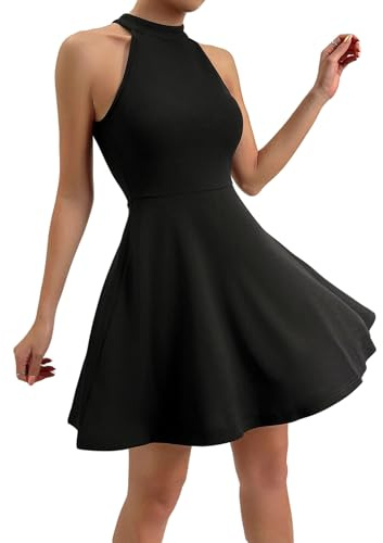 SweatyRocks Abito da donna con allacciatura al collo, da festa, corto, mini abito estivo, linea A, abito da festa, elegante, abito da sposa, Nero , M