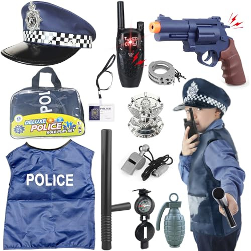 DAJASD Disfraz Policia, 13 Piezas Disfraz De Policía, Uniforme Policia con Esposas Placa Y Otros Accesorios De Juguete, Polici Disfra Lujo para De Cosplay