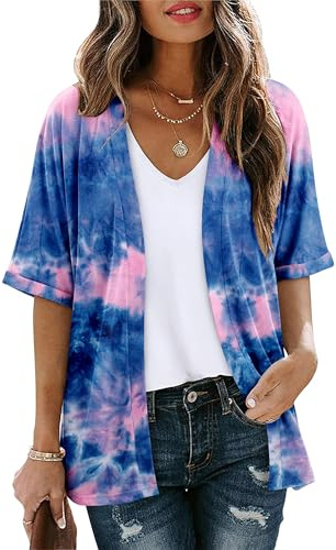 Magritta Lightweight Cardigans for Womens Kimono Casual Loose Short Sleeves Open Front Long Cardigan Sweaters Summer Jacket Boho Beach Cover Ups Blue Pink Large, 16-18