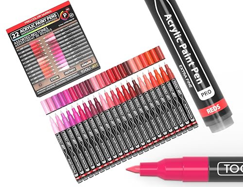 TOOLI-ART 22 rote und pinke acrylstifte für steine wasserfest 0,7 mm extra feine Spitze für Felsmalerei, Glas, Tassen, Holz, Metall, Leinwand, ungiftig, auf Wasserbasis, schnelltrocknend acryl marker