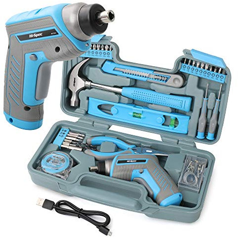 Hi-Spec 35-teiliges blaues Heimwerker-Werkzeugset mit wiederaufladbarem USB-Akkuschrauber. Für Reparaturen und Wartungen in einem praktischen Koffer