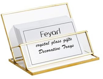 Feyarl Visitenkartenhalter Glas mit Goldrahmen Eleganter Kartenhalter für Schreibtisch, Büro, Empfang, Home Office Kartenständer für ca. 50 Visitenkarten