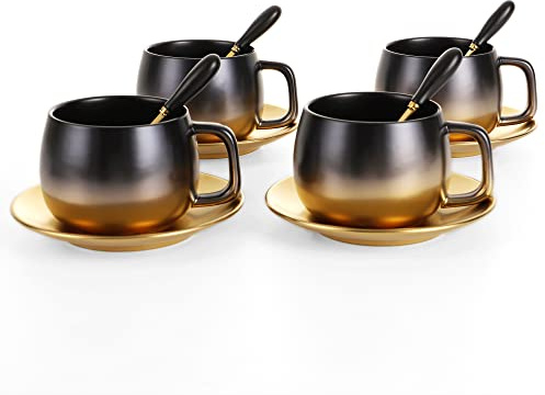 lavekywasa European Style Tea Coffee Cup Set Black Gold Gradual Vintage Ceramic Cup Coffee Mug With Spoon&Saucer Set Used for Latte, Americano, Cappuccino, Tea, Beer (4 pack)