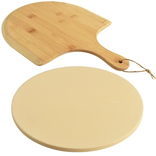 homEdge Ensemble de Pierre à Pizza, Pierre de Cuisson en Cordiérite Ronde Robuste pour Pain, Pizza, Pierre de Cuisson avec Pelle à Pizza pour Four et Grill-33cm (Diamètre)