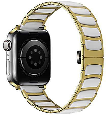 MaKTech Keramiskt Band,Tunt Rostfritt Stål Inlagt Keramiskt Länkarmband,för Apple Watch Serie 11/10/9/8/7,Ultra 3/2/1,SE 3/2/1 [2025] (42mm/41mm/40mm,Guld/Vit)