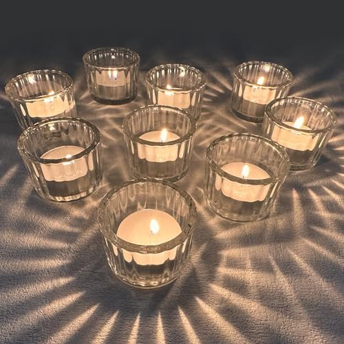 EXLECO 12er Teelichthalter Glas Vintage Glaskerzenhalter Teelichtgläser 5cm x 3,9cm Votivkerzenhalter Kerzengläser Windlicht Glas für Weihnachten Kerzen Deko Tischdeko Hochzeit Wohnzimmer Transparent