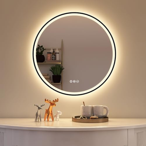 STARLEAD Noire Miroir-Rond-Salle-de-Bain-avec-Eclairage 60cm, Bluetooth, Anti-buée, Miroir-LED avec 3 Couleurs Lumière, Dimmable, Mémoire, IP44, HD Verre Trempé, Cadre Non Métallique
