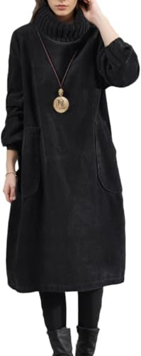 Hecatombic Robe d'hiver en velours côtelé pour femmes à manches longues et col rond chaude grande taille avec poches robe longue mini-robes trapèze vintage