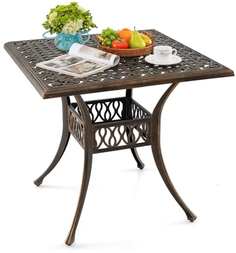 COSTWAY Gartentisch mit Schirmloch, 80x80x75cm, quadratischer Balkontisch aus Aluminiumguss, wetterfester Terrassentisch für 4 Personen, Outdoor-Esstisch für Garten