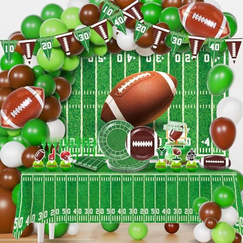 Football Themed Party Decorations，Football Birthday Party Decorations，Set Include Banner Balloon arch,Backdrop, Cake Toppers，Tableware, Tablecloth