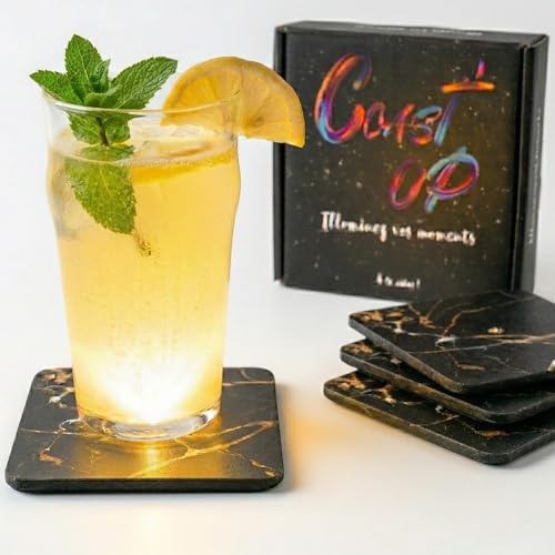 Coast’Up | Lot de 4 Dessous de Verre Lumineux LED Automatique | Ambiance Soirée, Apéro, Cocktail, Fête | Idée Cadeau Couple Originale, Crémaillère (9,3 cm x 9,3 cm)