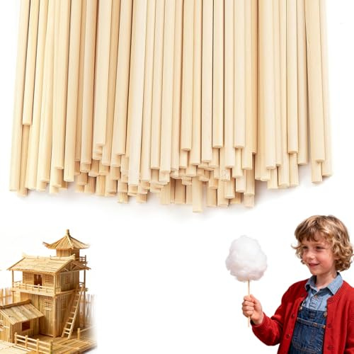 Pack de 200 Palitos de Madera Redondos 30 cm x 4 mm, Varillas de Bambú Natural para Algodón de Azúcar y Manualidades, Palos de Madera para Bricolaje Modelismo Decoración