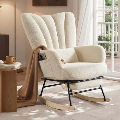 SONGMICS Schaukelstuhl, Relaxsessel, ausziehbare Fußstütze, Schaukelsessel, abnehmbares Kissen, Seitentaschen, Holzbeine, Fleece, für Schlafzimmer, Wohnzimmer, cremeweiß LYY018W101