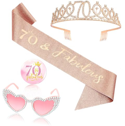 OLOSONG 70th Birthday Party Accessories Set - 4 Pcs Rose Gold Birthday Crown & Badge, Heart Shaped Pink Diamond Glasses, 70th Birthday Decorations Gifts for Women