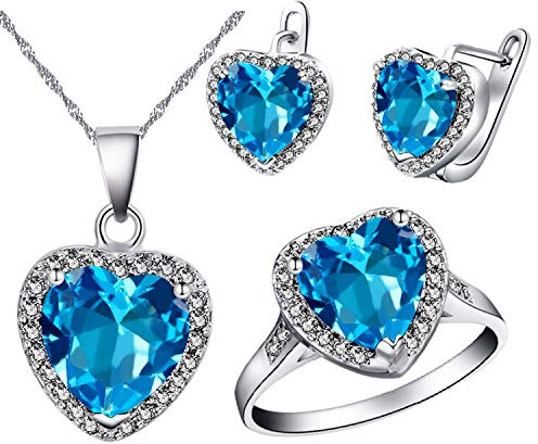 Uloveido Hjärthänge halsband örhängen och ringar set för flickor vitguldpläterade jubileumssmycken set för kvinnor T481, P1/2(57mm), Kristall, Kubisk zirkonia