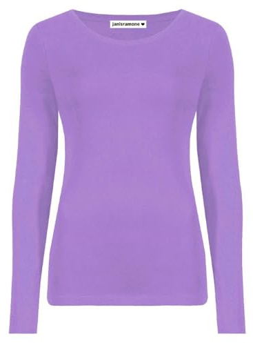 janisramone Womens Ladies Round Neck Long Sleeve T-Shirt Stretchy Plain Fitted Basic Jersey Casual Tee Top Lilac