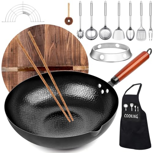 kaqinu 14 Piece Carbon Steel Wok Pan, Woks & Stir-Fry Pans Set with Wooden Lid Cookwares, No Chemical Coated Flat Bottom Chinese Pan for Induction, Electric, Gas, Halogen All Stoves - 12.6''