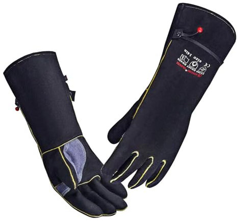 AOUCHI 350℃ Cowhide BBQ Welding Gloves for Men Women, Long Sleeve Work Heat Resistant Fire Gloves Oven Mitts for Tig Mig Stick Welding BBQ Fireplace Animal Handling Wood Stove Tools