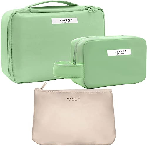 LEcylankEr 3 Pezzi Beauty Case da Viaggio, Beauty Case Donna Portatile, Set di Borsa da Toilette Impermeabili in PU, Borsa di Stoccaggio per Cosmetici e Articoli da Toeletta (Verde)
