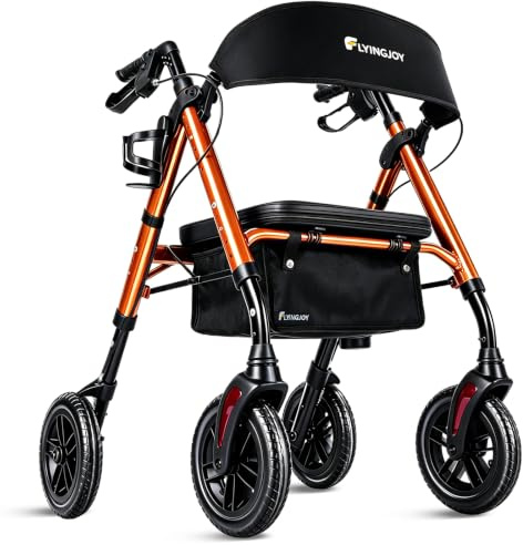 Lightweight Rollator Walker with Seat & Backrest - Foldable Mobility Aid for Seniors, 8 Large Airless Tires, Adjustable Height, Brake,Storage Bag,300 lbs Capacity, 4 Wheel Rolling Walkers for Adults