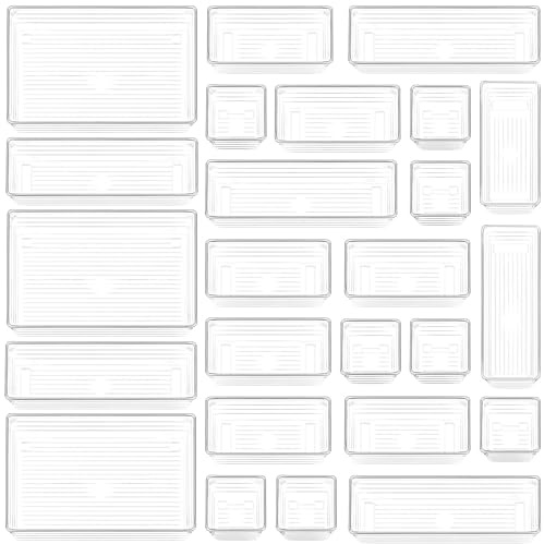 DCA 25 PCS Clear Plastic Drawer Organizer Tray, Bathroom Organizers and Storage Bins for Makeup, Kitchen Utensils, Jewelries, Gadgets, Office Desk