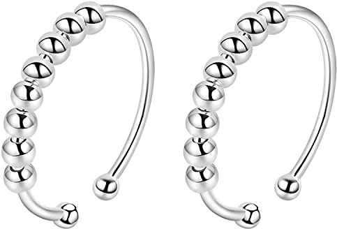 VELESAY Anillo de Ansiedad Fidget de Plata de Ley 925 Con Perlas - Giratorio y Ajustable Para Mujeres