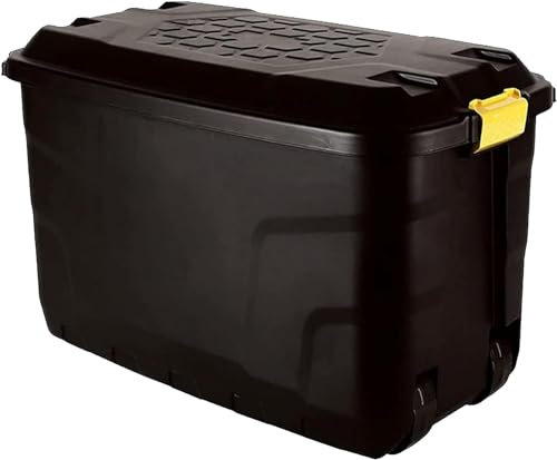 Pluto Packaging Heavy Duty Large Indoor Outdoor Black Storage Trunks With Wheels & Yellow Handles Large Container Boxes In (175 Litre (With Wheels), 1 Storage Box)