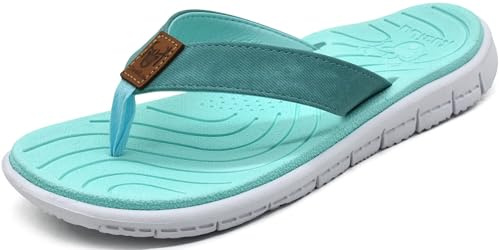 KuaiLu Chanclas Mujer Verano Playa Piscina Cuero y Tela Flip Flops Señoras Comodas Piel Planas Caminar Sandalias De Dedo Antideslizante Yoga-Espuma Chancletas Turquesa 38