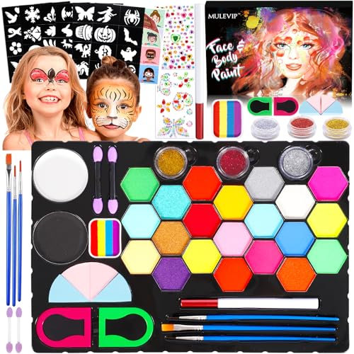 MULEVIP Kinderschminke Set 27 Farben Kinderschminken Set,Gesichtsfarbe Kinderschminken,Halloween Schminke mit 60 Schablonen,Strasssteine,Berufs Pinsel,Kinderschminken für Fasching Halloween Karneval