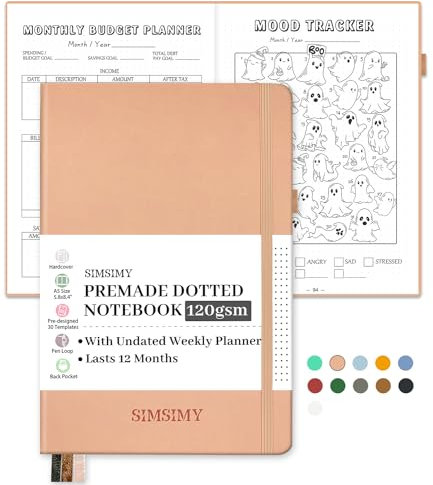 SIMSIMY Premade Bullet Dotted Journal Notebook, Pre-made Dot Grid Journaling with Undated Weekly & Monthly Planner, Various Trackers - 12 Month Organization, A5 Hardcover Leather Planner Notebook with