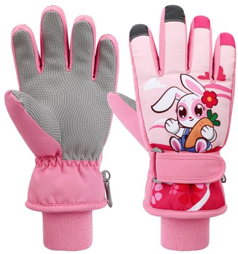 Kinder Winter Skihandschuhe Wasserdicht Snowboard Handschuhe Anti-Rutsch Plüsch Gefüttert Warm Handschuhe für Mädchen Jungen 4–7 Jahren (Bunny)
