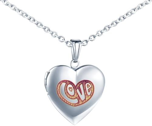 MICMIF Collier Médaillon en Forme de Cœur Pendentif Photo Images Personnalisé Médaillon en Acier Inoxydable pour Femmes Fille Maman Grand-Mère, Chaîne 50cm