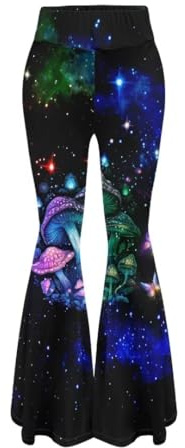 Youngerbaby Space Galaxy Pattern Athletic Yoga Flare Pants for Women,Blue Mushroom High Waisted Tummy Control Bootcut Leggings for Running Yoga Workout Plus Size 2XL