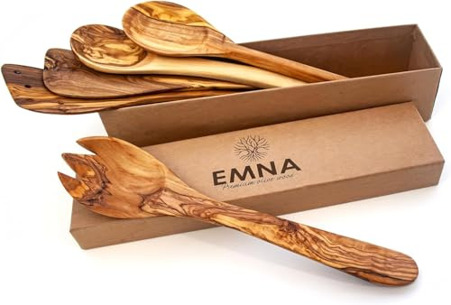 EMNA - Lot de 5 Ustensiles de Cuisine en Bois d'Olivier | Boîte Cadeau Exclusive | Mariage en Bois | Cuillère de Cuisine | Spatule | Idée Cadeau pour Femme | Anniversaire de Mariage