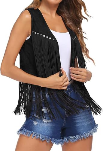 TMTGTS Gilet Femme Pompons Franges Daim Veste Courte Décontracté Vêtements Extérieur Gilet Sparkle Open Front Vert 11 L