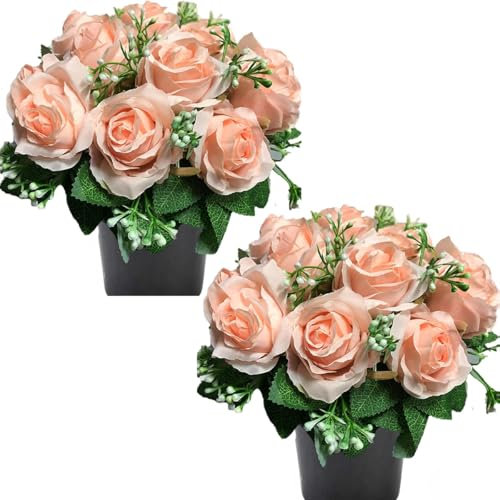 Etomvoop Grabblume im Topf, 12 Köpfe, künstliche Rosen, für Gedenkstätten, Friedhof, Weihnachten, Heimdekoration, 2 Stück