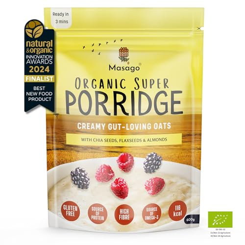Masago Super Oats - Certified Organic, High Fibre, Gluten Free & Super Creamy - with Chia, Flaxseeds, Almond & Gluten Free Oats, 600g