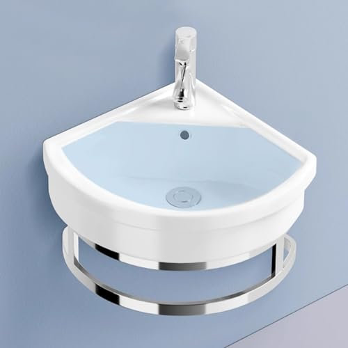 BRCYKRWY Dreieckiges Wandwaschbecken Eckwaschbecken-Set Mit Heißem Und Kaltem Wasserhahn-Abfluss Handwaschbecken Klein Gäste Wc Hängewaschbecken Bad Waschbecken Wandmontage Mit Überlauf