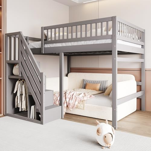 Etagenbett 140x200, Kinderbett Hochbett mit Treppe und Aufbewahrungsschrank, Funktionsbett Doppelbett Stockbett Spielbett Kinderhochbett Jugendhochbett mit Lattenrost, Massivholz, Ohne Matratze, Grau