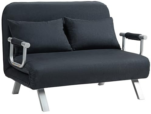 HOMCOM Schlafsofa Schlafcouch mit Verstellbarer Rückenlehne, Wurfkissen, Sofa mit Schlaffunktion, Samtoptik, Armlehne, Gästebett, Klappsessel für Wohnzimmer, Schlafzimmer, Schwarz