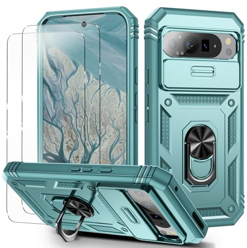 for Pixel 9 Pro XL Case with Camera Cover Slider, 2*Screen Protectors,Build in 360°Rotating Ring Kickstand, Military Grade Protective Case for Google Pixel 9 Pro XL-Green
