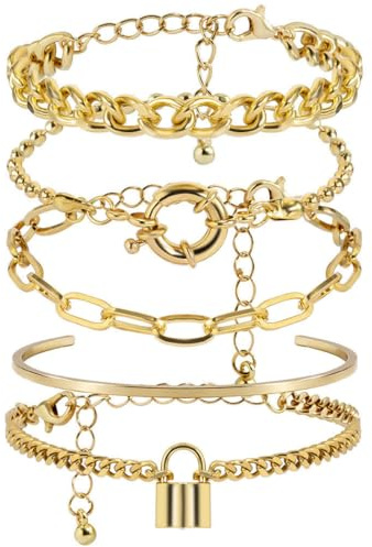 VURYAPI 5 Pièces Chaîne Bracelets Femme Plaqué Or 14K Réglable Bracelet Acier Inoxydable Bracelets Femme Serpent Chaîne Bracelets Empilables Imperméable pour Femmes(2)