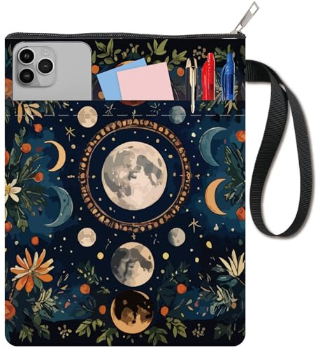 craspire Couvertures de Livre de Phases de Lune Protège Livres Rétro à Fleurs pour Livres de Poche en Tissu Lavable avec Fermeture Éclair et Poche Supplémentaire pour Les Amoureux des Livres Cadeaux