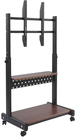 TV-stativ rullbar för 43–86 tums TV höjd justerbar 108,5–128,5 cm max. 100 kg TV-stativ med hjul, förvaringsfack, stativ, TV, golvstativ, rullbil, TV-vagn, stativ, träfärg (svart)