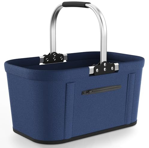 Yeabett Hopfällbar shoppingkorg, 43 x 27 x 23 cm, med 4 stödstänger, picknickkorg, stor hopfällbar familjekorg, med handtag, 22 L, blå