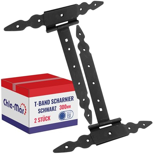 Chle-Mar – 2x Kreuzgehänge T-Band Scharnier Schwarz 300 mm | Schwerlast Türscharnier für Holztüren Außen | Gartentor Scharnier & Torbeschläge | mit Zierkappe für Rustikale Anwendungen