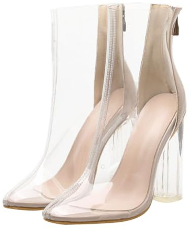 LIFKOME Botines de Tacón Alto Transparentes para Mujer Botas Cortas de Tacón Grueso Suela de Cristal Color Beige Talla 39 Botines Otoño E Invierno Resistentes y Transpirables para