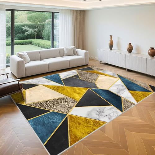 QGYFRE Pulisci Tappeti lavabili in lavatrice 160x200cm Blu Modello geometrico moderno grigio giallo per soggiorno ragazzo camera da letto Tappeto Guida Corridoio
